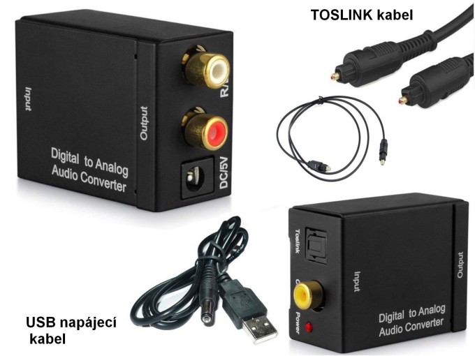 Digitální audio převodník 1x Toslink/SPDIF na 2x RCA cinch