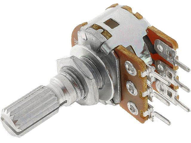 Stereo lineární potenciometr 100kΩ s drážkovanou hřídelí 6x9mm