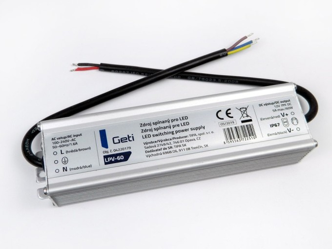 Montážní LED napájecí zdroj 12V 60W 5A Geti LPV-60