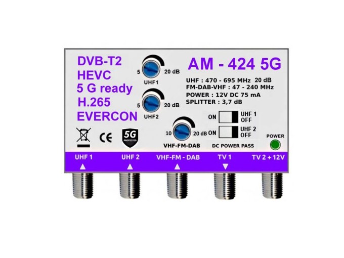 DVB-T2 anténní zesilovač AM-424 5G s 20dB ziskem a 2 výstupy