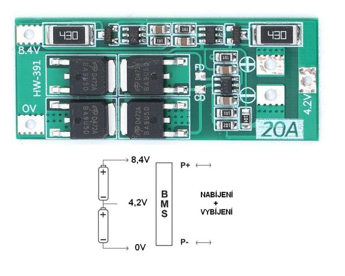 BMS nabíjecí modul s balancerem pro 2 Li-ion články, max proud 10A / 20A
