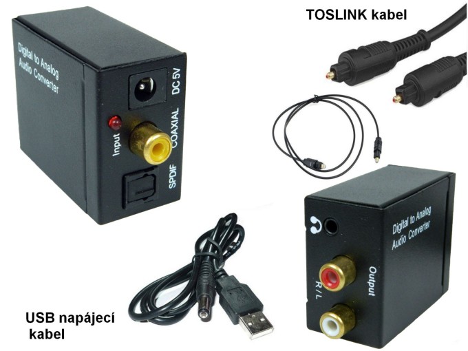 Digitální audio převodník Toslink/SPDIF na RCA a sluchátkový výstup