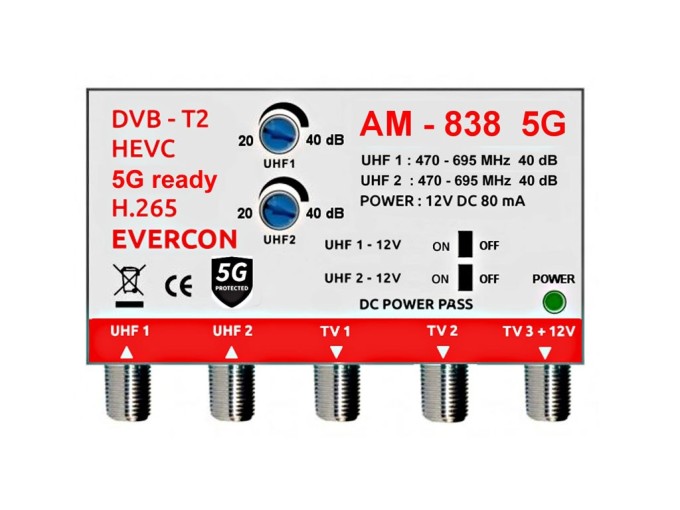 DVB-T2 anténní zesilovač AM-838 5G s 2x UHF vstupy a 3x výstupy, zesílení 40 dB