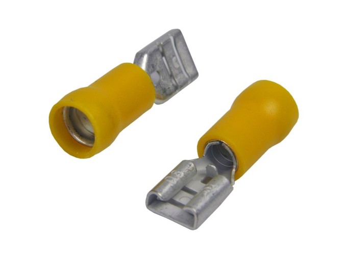 Krimpovací Faston konektor 6,3 mm s izolací žlutou – zásuvka a kolík