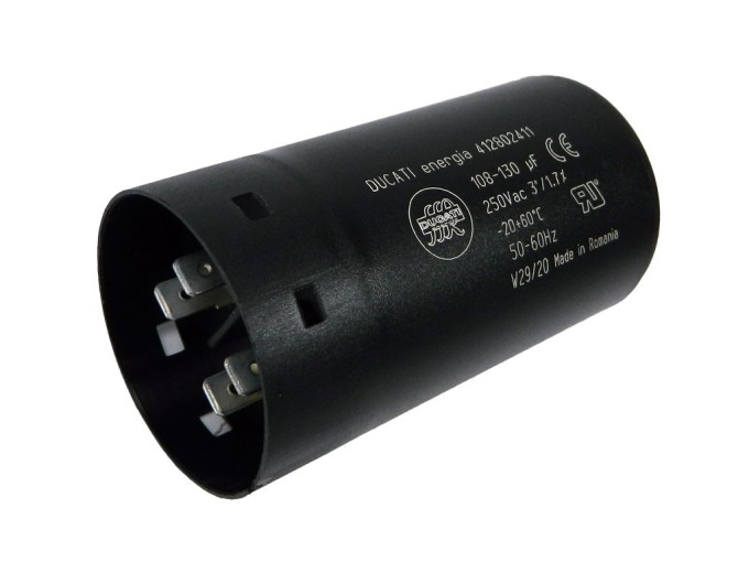 Motorový rozběhový kondenzátor 108-130uF 250V s konektory