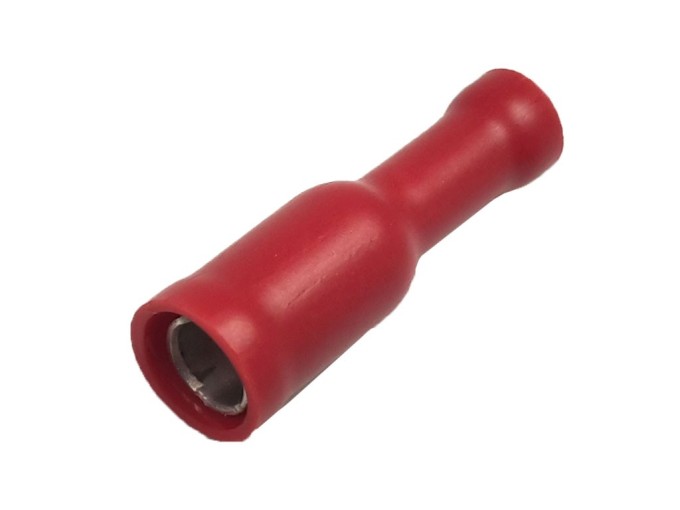 Izolovaný kulatý Faston konektor červený 4 mm, krimpovací dutinka