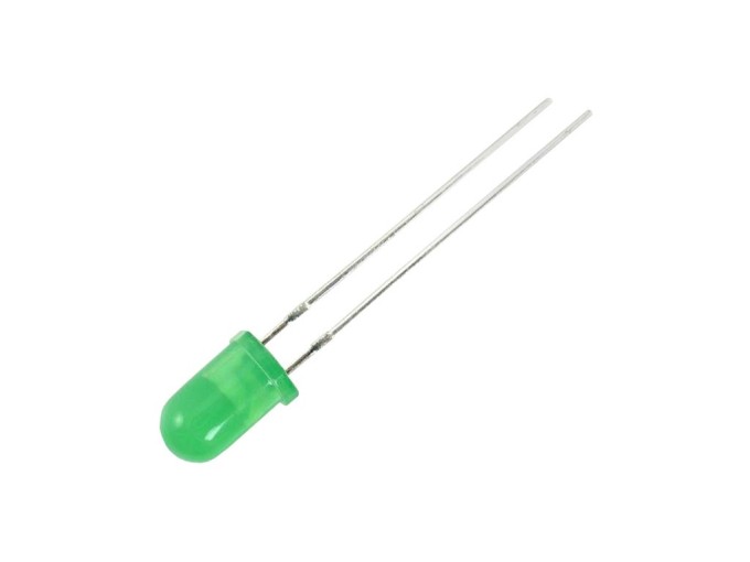 Zelená kulatá LED dioda 5mm, difuzní, 60° úhel, 5-32mcd, 20mA