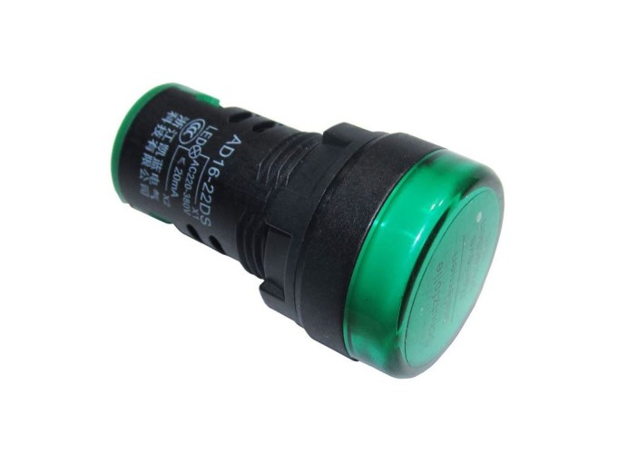 Zelená LED kontrolka 230V AC s montážním otvorem 22mm