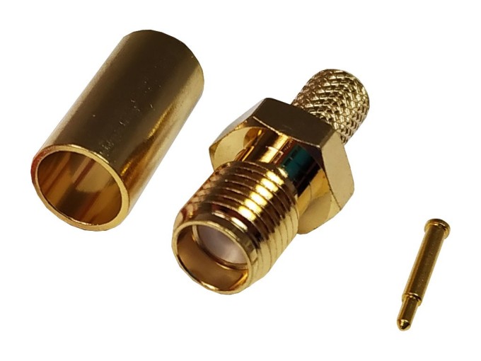 Krimpovací SMA konektor samice reverzní pro kabel RG58 zlacený