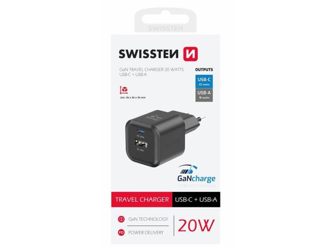 Power Delivery USB-C a USB-A nabíječka 20W černá
