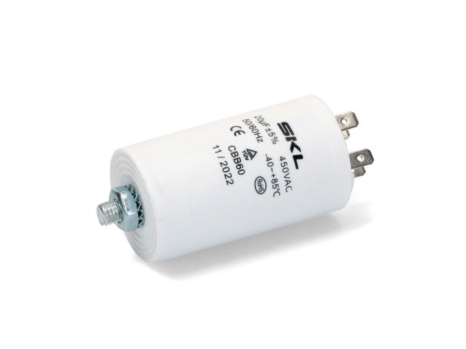 Motorový rozběhový kondenzátor 20 µF 450V s konektory Faston 6,3 mm