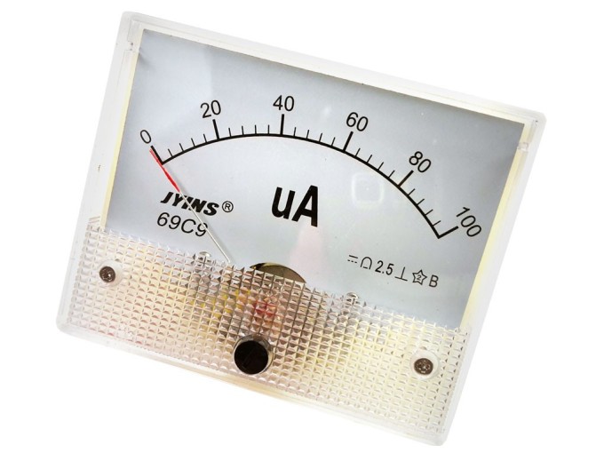 Analogové panelové měřidlo 100 µA DC, rozměry 80 x 65 mm