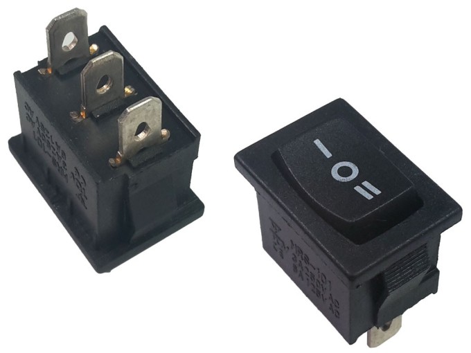 Malý kolébkový přepínač 1pólový, 250V/3A, (ON)-OFF-(ON) s návratem do OFF