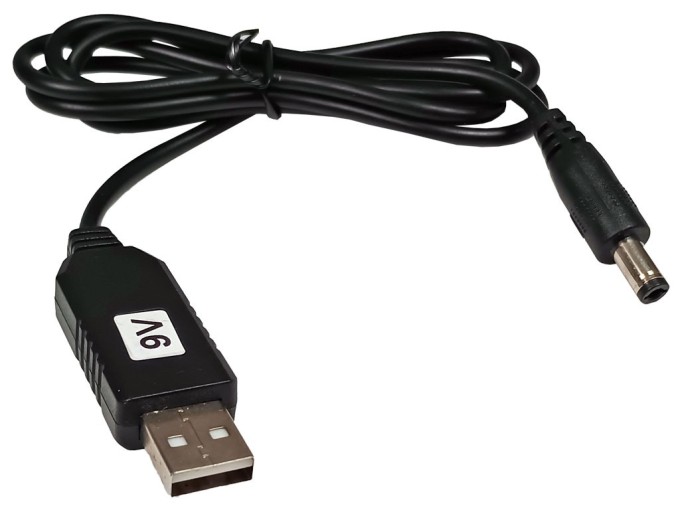 USB kabel typ A s napěťovým měničem STEP-UP 5V na 9V a konektorem 5.5 x 2.1 mm