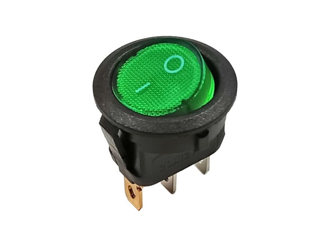 Kolébkový kulatý vypínač 1pól, zelené prosvětlení, 12V DC 16A ON-OFF