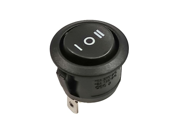 Kolébkový vypínač kulatý R13-112D-BB-7D černý ON-OFF-ON 10A 250V