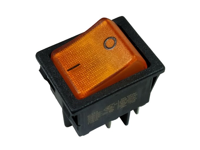 Dvoupólový kolébkový vypínač 16A 250V s doutnavkou, žlutý, FASTON 6,3 mm