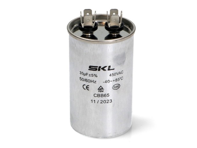 Motorový rozběhový kondenzátor 35 µF 450V s konektory Faston 6,3 mm