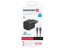 GaN nabíječka SWISSTEN s USB-C kabelem 1,2m, 35W, černá