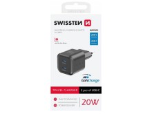 Power Delivery nabíječka 2x USB-C 20W černá SWISSTEN
