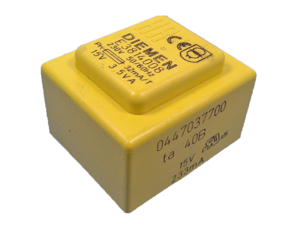 transformátor síťový do plošného spoje  230 / 15V - 233mA